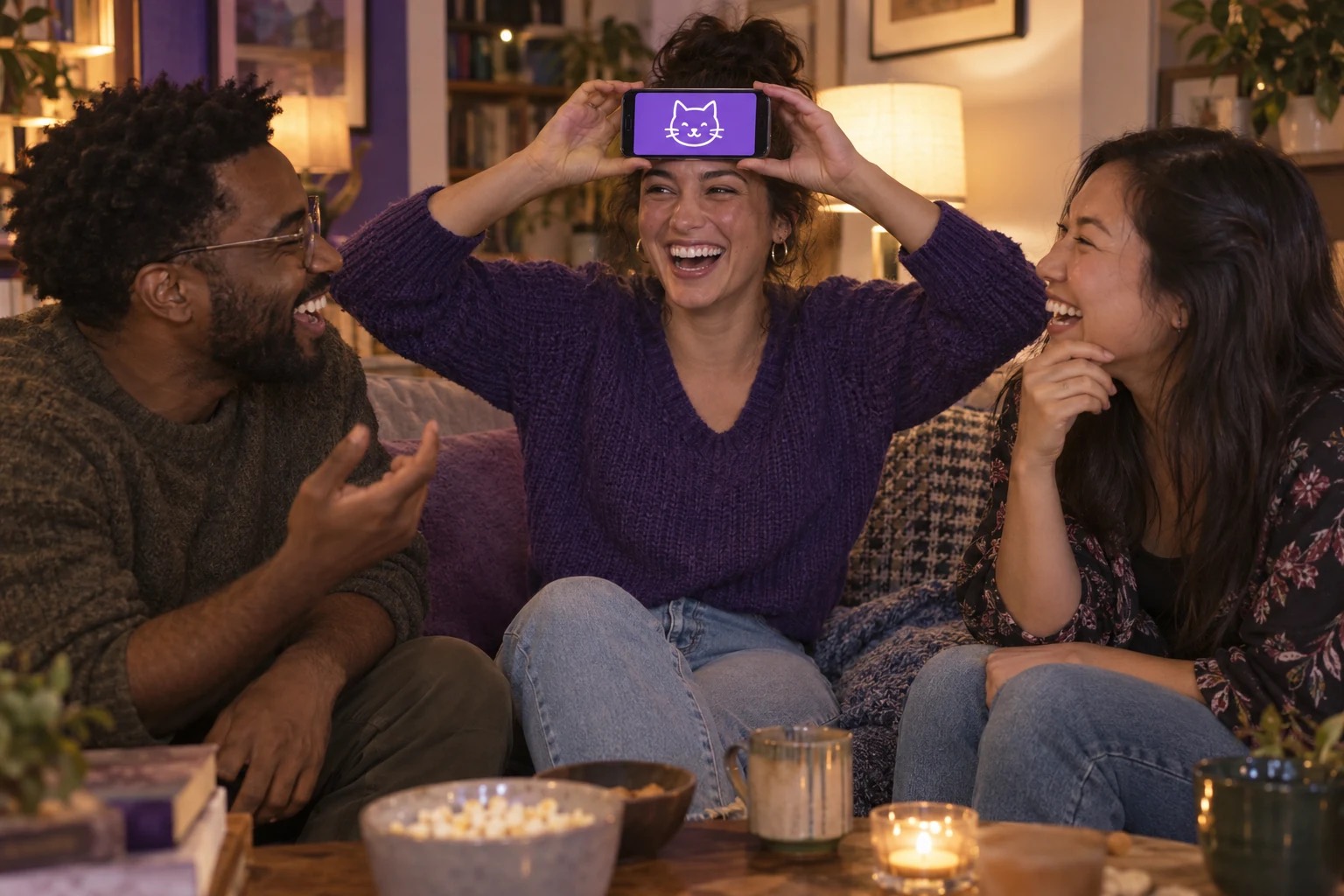 Illustrative scene of three friends laughing during a forehead guessing game.